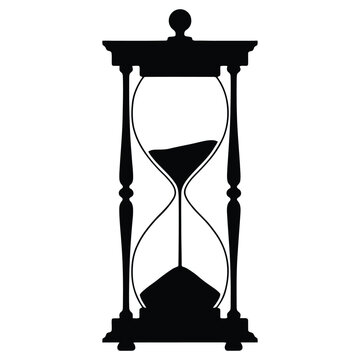 Ornate hourglass with sand partially fallen detailed black silhouette sandglass time