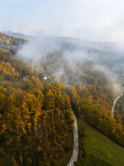 Fototapeta premium Drone perspective of a winding serpentine forest road during peak autumn foliage season