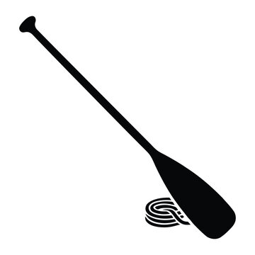 A black silhouette of a boat paddle rests against a swirling pattern silhouette