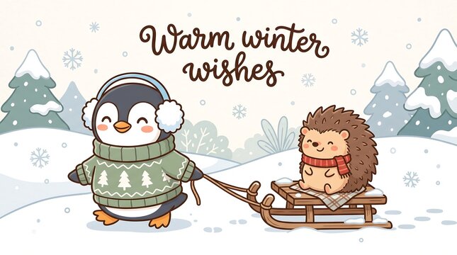 Cute penguin pulling a hedgehog on a wooden sled through a snowy winter landscape with the text "Warm winter wishes."