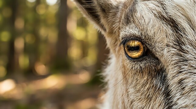 Close-up of goat's face with striking golden eye and blurred forest