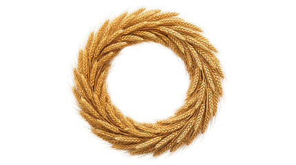 Fototapeta premium Golden wheat wreath on white background, circular harvest frame of ripe cereal ears, organic grain border for autumn bakery branding
