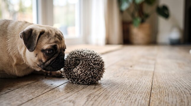 Curious pug puppy gently sniffs a curled-up hedgehog on a bright wooden floor indoors, creating a heartwarming and sweet pet encounter moment.
