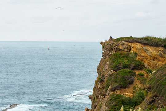 Man sitting on top of a high coastal cliff looking at the ocean with a distant sailboat and flying seagulls
