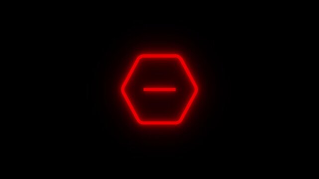 Glowing red neon hexagonal shape with minus line symbol in darkness pulsing