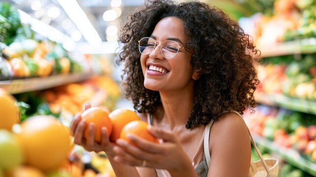 Young woman with curly hair wearing glasses holds oranges in a grocery store aisle filled with fresh fruits and vegetables, bright lighting enhances the vibrant colors
