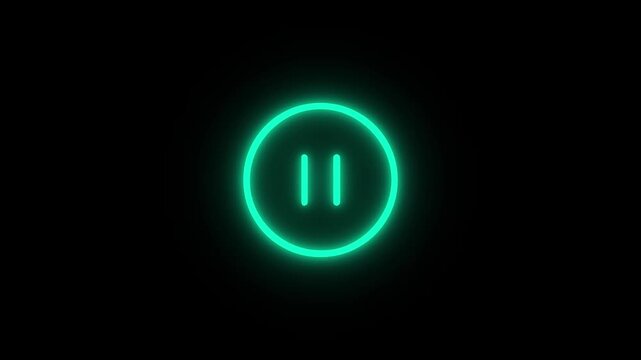 Glowing green neon pause button icon inside circle on black background bright