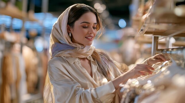 Young woman wearing a light-colored blouse and headscarf browsing clothing racks in a modern retail store with soft lighting and organized displays