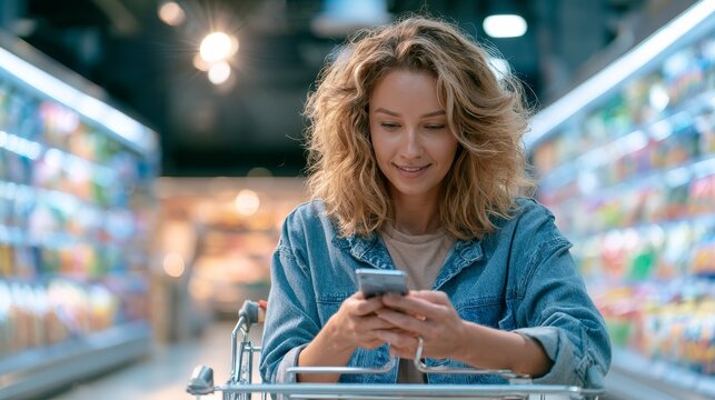 Young woman with curly hair using smartphone while sitting in shopping cart inside grocery store aisle filled with colorful products and shelves in the background