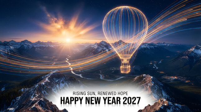 Hot air balloon flying over mountains at sunrise with happy new year 2027 greeting text