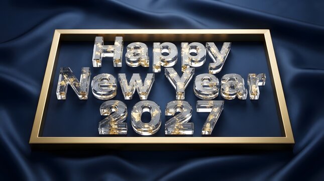 Shiny 3d metallic happy new year 2027 text sign on a dark purple background
