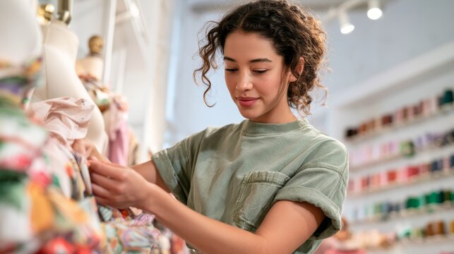 Young woman with curly hair adjusts clothing on a mannequin in a bright retail store, colorful fabrics and shelves filled with garments visible in the background