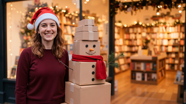 Smiling woman in Santa hat standing next to a cardboard box snowman. Creative holiday shipping and e-commerce delivery concept. Festive retail storefront with Christmas lights in background