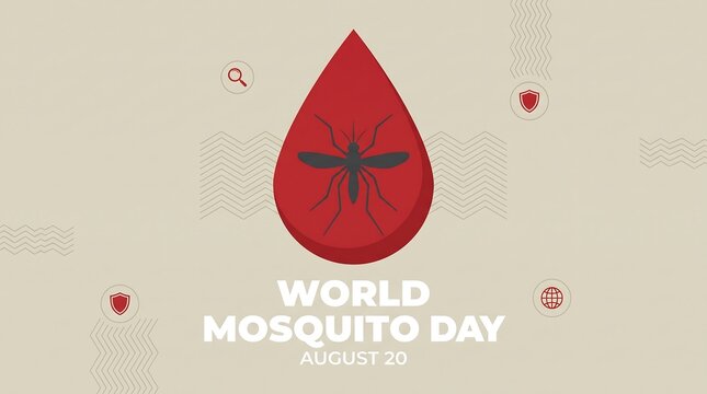 World Mosquito Day banner for August 20, red blood drop with mosquito silhouette, healthcare awareness poster for malaria prevention