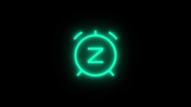 Glowing green neon alarm clock icon with letter z on dark background showing