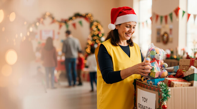 Smiling female volunteer in a Santa hat sorting toys into a donation box. Happy woman helping at a Christmas charity drive in a decorated community hall