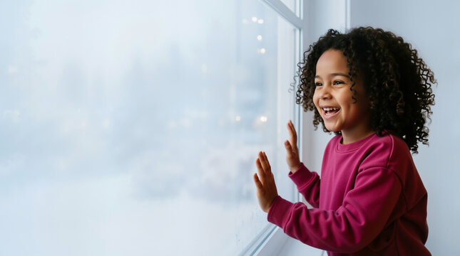 Happy young girl with curly hair looking out of a window on a snowy winter day. Cheerful child with hands on glass watching the snow. Copy space for text