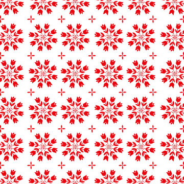 Seamless pattern with red tulip flowers arranged in circular floral motifs