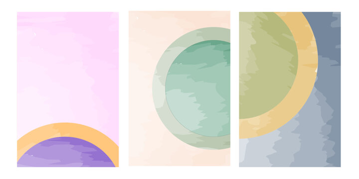 Abstract minimalist wall art set with watercolor geometric shapes in pastel colors for modern home decor