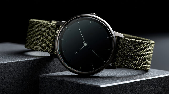 Minimalist black watch olive green nylon strap dark background luxury men accessories close up