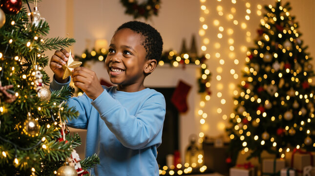 Happy Black boy decorating a Christmas tree with a golden star. Smiling African American child hanging ornaments in a cozy living room with warm holiday lights. Festive winter celebration