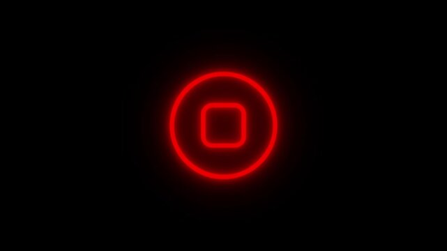 Glowing red neon stop icon on a black background bright symbol