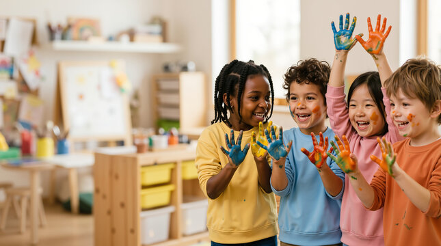 Diverse group of happy children showing their painted hands in a classroom. Multiethnic kids laughing during art class in kindergarten. Creative childhood education concept