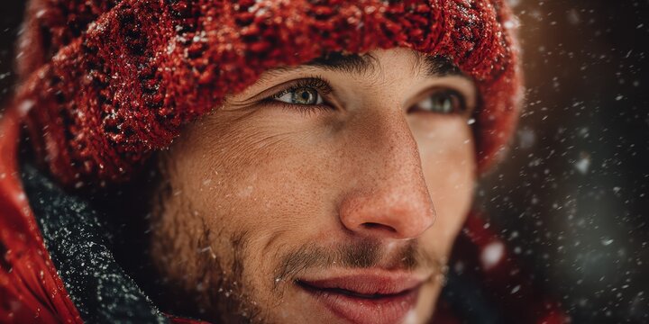 A person dressed in a red hat and gloves observing the snowfall