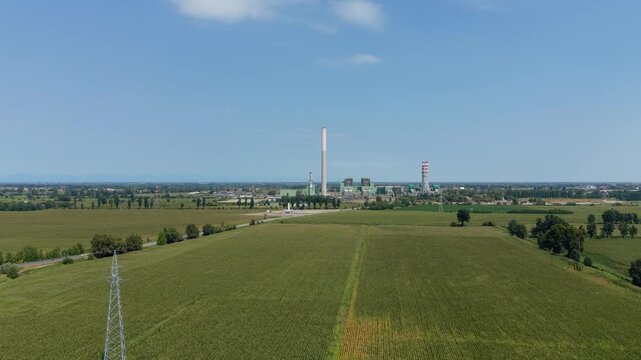 Aerial view of the Tavazzano and Montanaso thermal power plant in Lombardy, Italy, near Milan, showing industrial infrastructure for electricity generation.