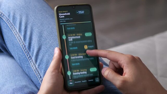 User scrolls a pet care app showing Milos daily plan, completed tasks, shared household assignments and food supply reminders, reflecting connected home pet management.