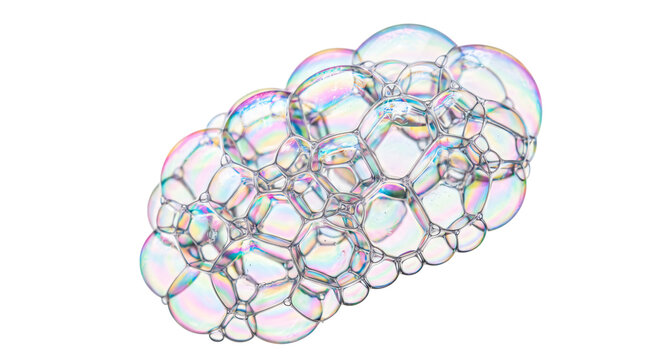 Iridescent soap bubbles on white background, rainbow foam cluster, translucent soapy suds for hygiene and cleaning concepts