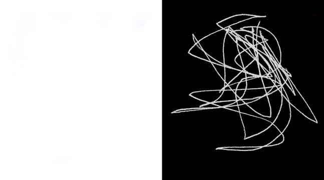 Abstract white scribble on black background, chaotic light painting lines, minimalist expressive hand drawn art, modern dark aesthetic