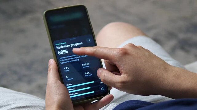 Smartphone wellness dashboard combines sleep, hydration, activity and stress metrics, reflecting the growing shift toward everyday self-tracking and digital wellbeing.