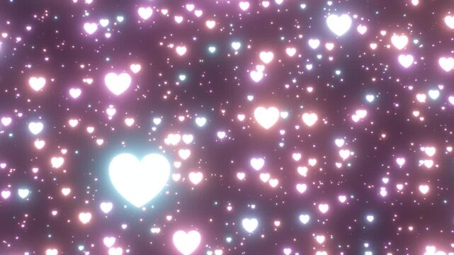 Beautiful Glowing Neon Pink Blue Love Heart Shapes Drifting In Space - 4K Seamless VJ Loop Motion Background Animation