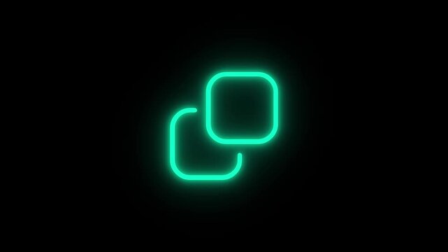 Glowing green neon overlapping squares icon on black background duplicate