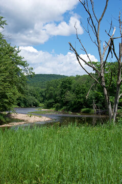 View of Ausable River in Jay NY on sunny day in summer