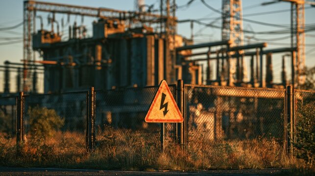 Fenced electrical substation with high-voltage warning sign, emphasizing safety and security in industrial infrastructure.