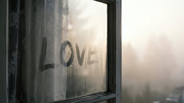Foggy window with love text written in condensation, romantic mood