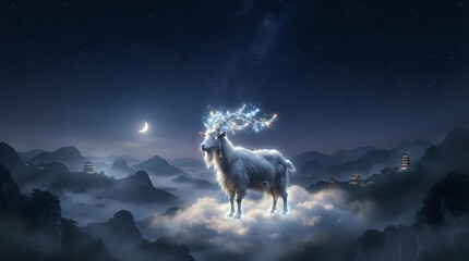 Fototapeta premium Majestic white llama standing among clouds in mystical mountain