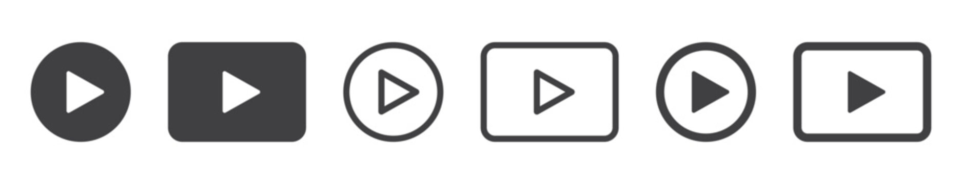 Play button, video player, media playback signs in various styles, flat and outline design