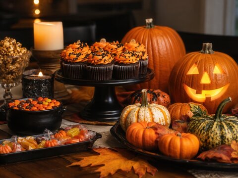 Halloween-Buffet mit orangefarbenen Cupcakes, S&uuml;&szlig;igkeiten, Popcorn, K&uuml;rbissen und leuchtender Jack O Lantern. Herbstlaub und Kerzen erg&auml;nzen die festliche Tischdekoration.