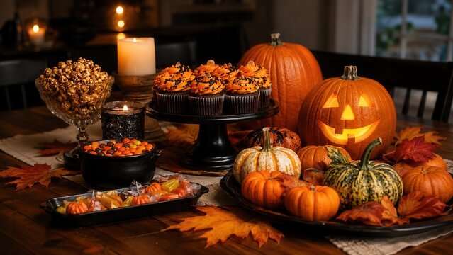 Festlich gedeckter Halloween-Tisch mit orangefarbenen Cupcakes, S&uuml;&szlig;igkeiten, Popcorn, K&uuml;rbissen und leuchtender Jack O Lantern in warmer herbstlicher Atmosph&auml;re.