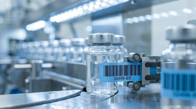 Industrial automatic labeling process for glass vials on a production line.