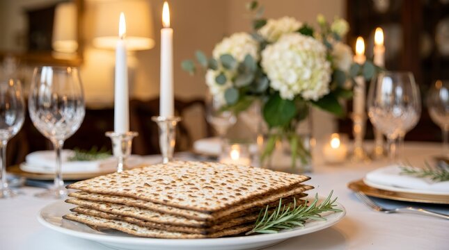 Jewish traditions expressed through a festive meal with matzah and ritual candles.