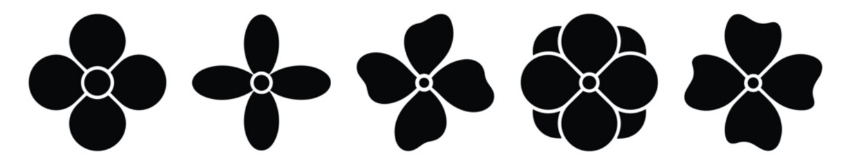 Five different flower with four petals each, simple floral silhouettes for design elements © Clarios Stock