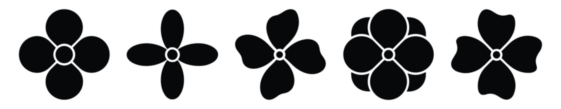 Five different flower with four petals each, simple floral silhouettes for design elements