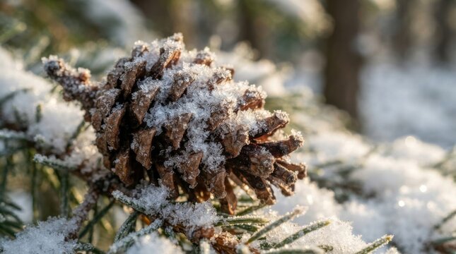 Frosted pinecone covered in delicate snow crystals on a winter branch