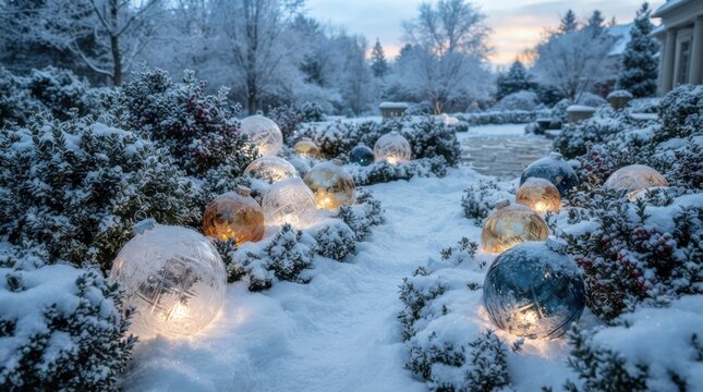 Winter garden illuminated by glowing ice lanterns on a snowy landscape at dusk