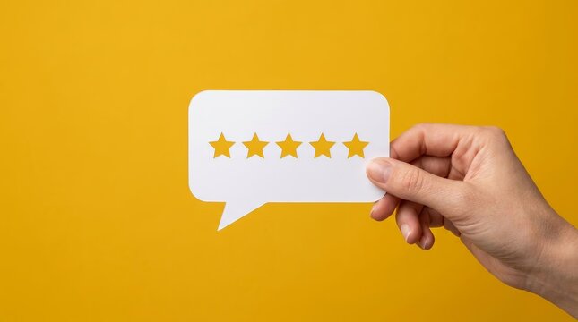 Five star rating icon in a paper speech bubble held by a human hand against yellow.