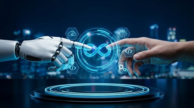 Robotic arm and human hand interacting in a modern business environment through DevOps technology.